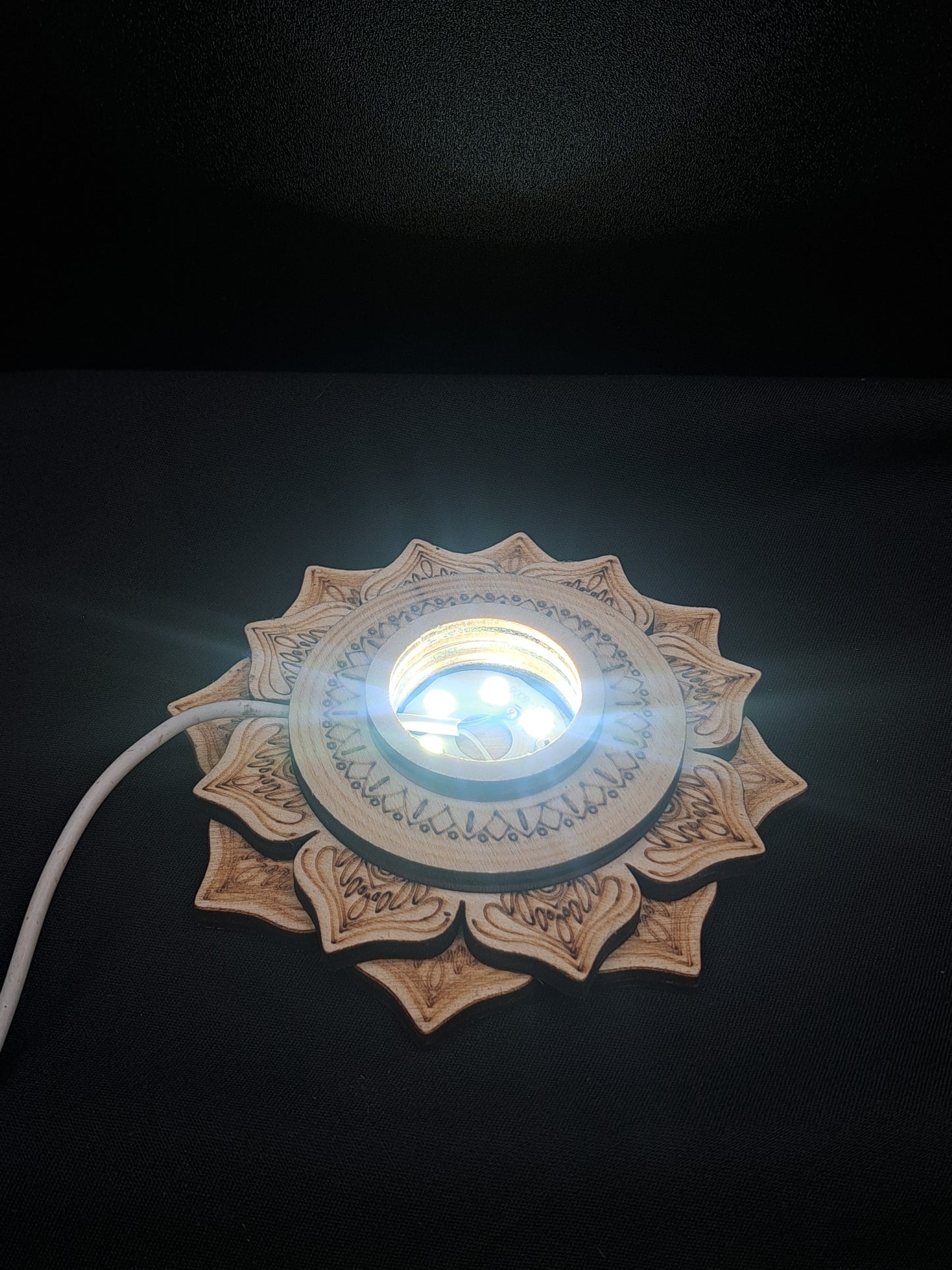 Light Up Wooden Lotus Sphere Holder Natural Brown - Clear