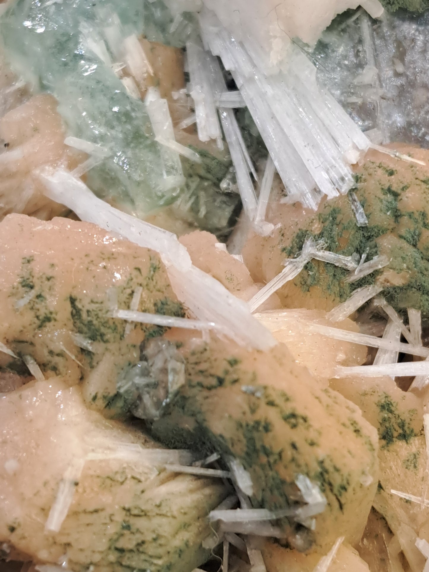 Peach Stilbite with Scolecite and Green Apophyllite