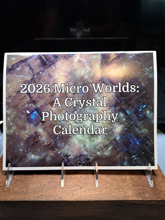 Cover of 2026 Crystal Calendar featuring microphotography of minerals by Dr. Narrissa P. Spies – RMD Crystals